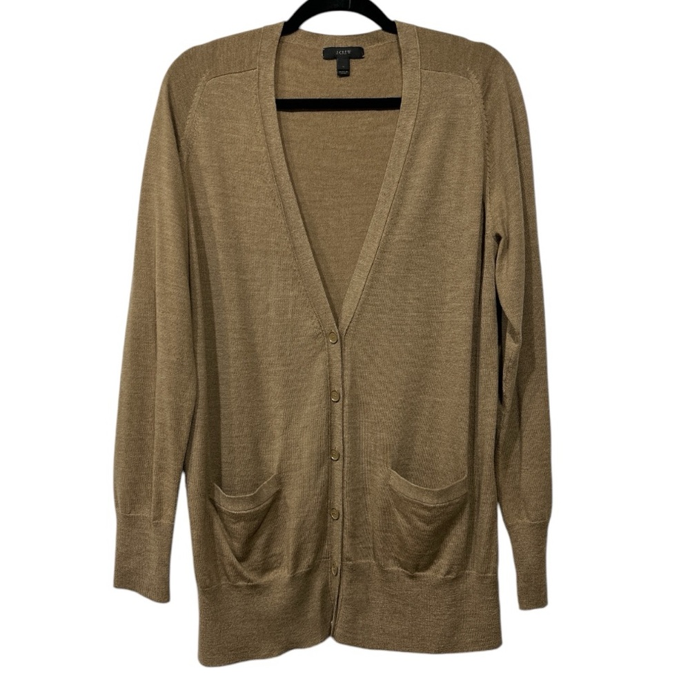J. Crew Merino Wool Minimalist Preppy Cardigan Sweater Button Front Tan M